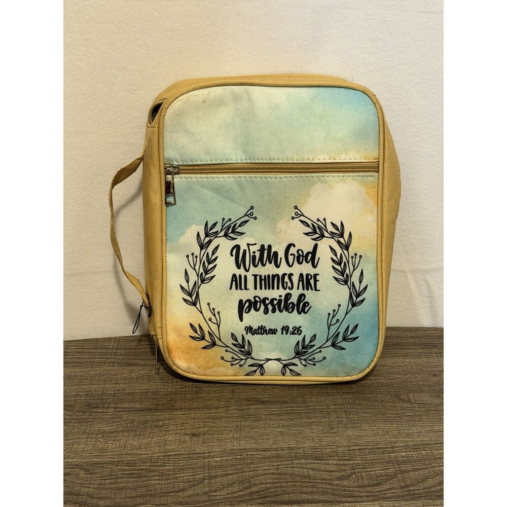 Fabric Zippered Bible Cover Carrying Case w/ Handle Matthew 19:26 Quote